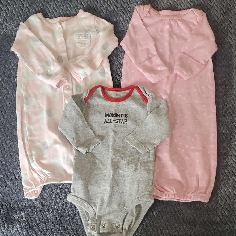 3 Baby Onesie and Sleepers Set - Gray and Pink